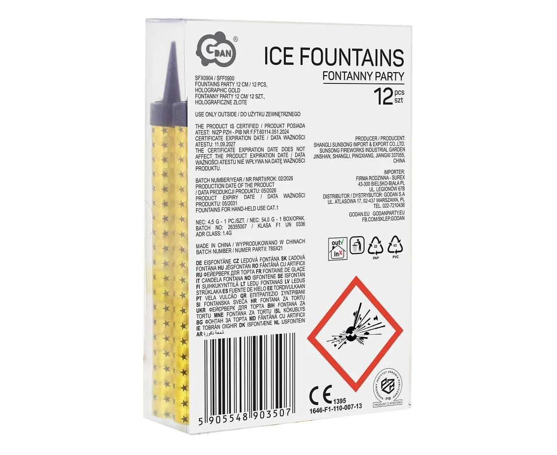 Fontanny party 12 cm/ 12 szt., holograficzne złote