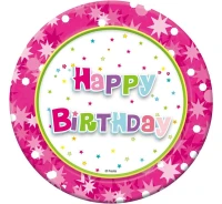 Talerzyki papierowe Happy Birthday (różowe) 18 cm, 6 szt. KK