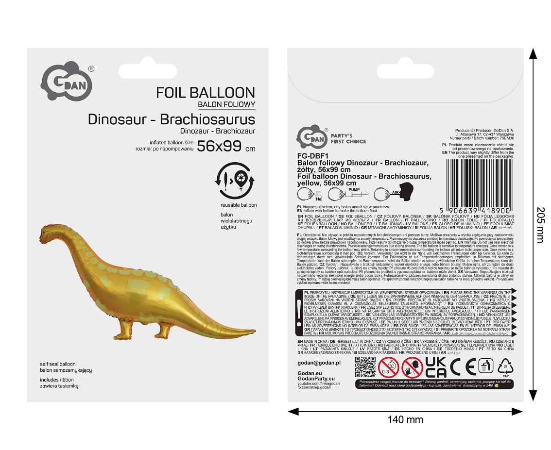 Balon foliowy Dinozaur- Brachiozaur , żółty, 99x56cm