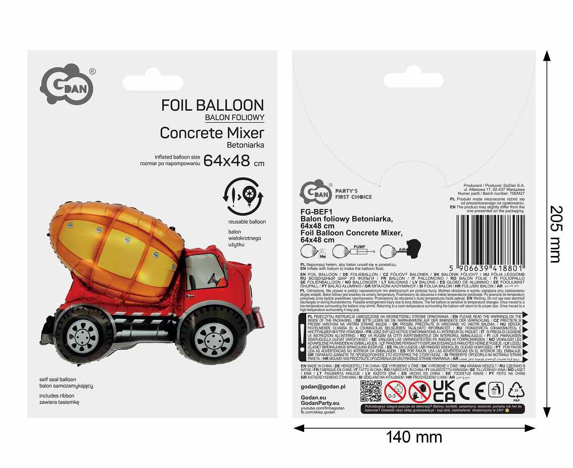 Balon foliowy Betoniarka, 67x47cm