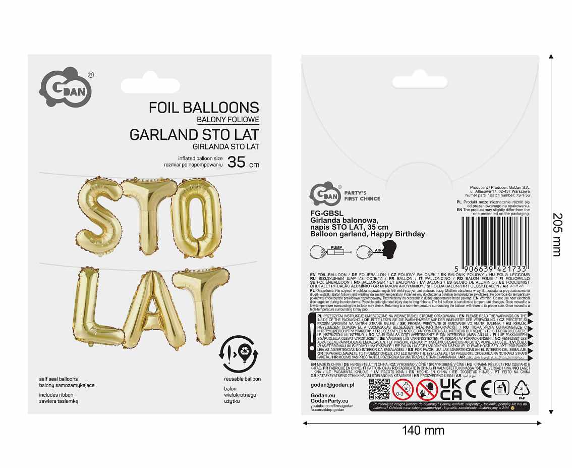 Girlanda balonowa, napis STO LAT, wys. 35 cm
