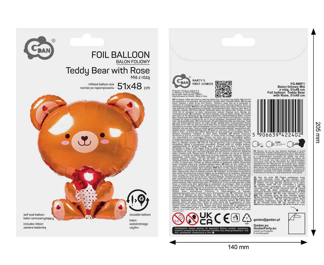 Balon foliowy Miś z różą, 51x48cm