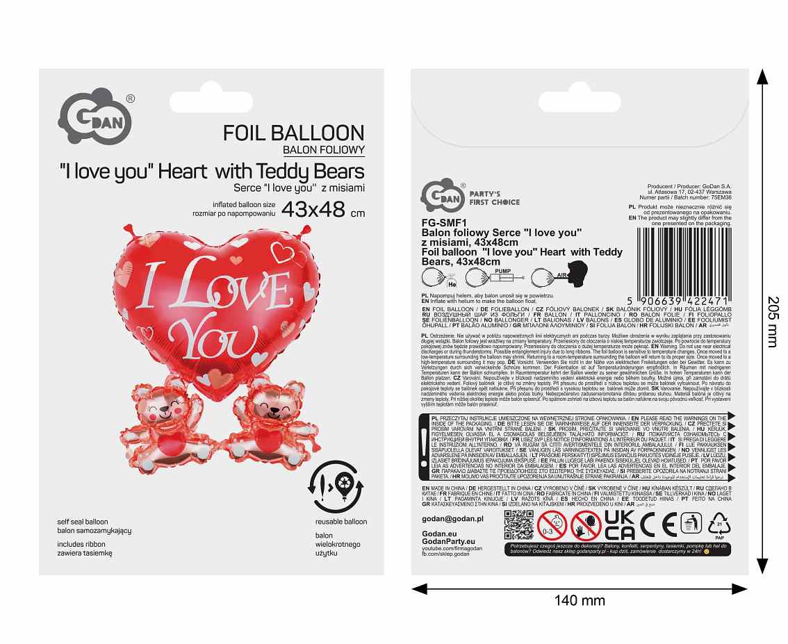 Balon foliowy Serce "I love you''  z misiami, 43x48cm