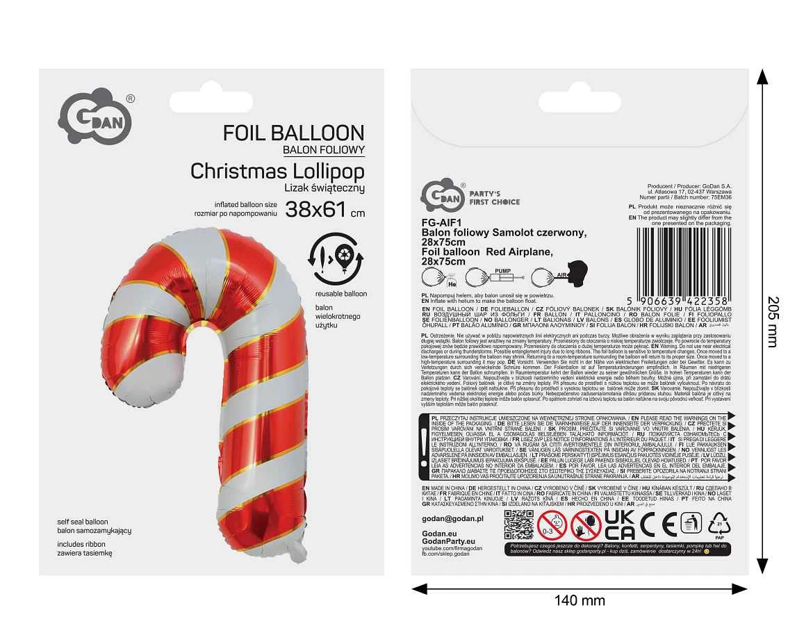 Balon foliowy Lizak świąteczny, czerwono-biały, 38x61cm