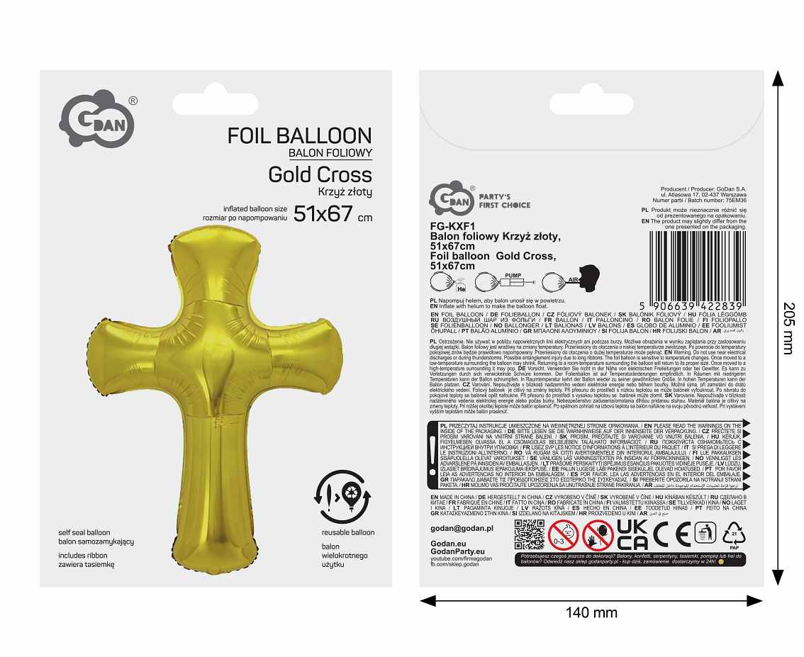 Balon foliowy Krzyż złoty, 51x67cm