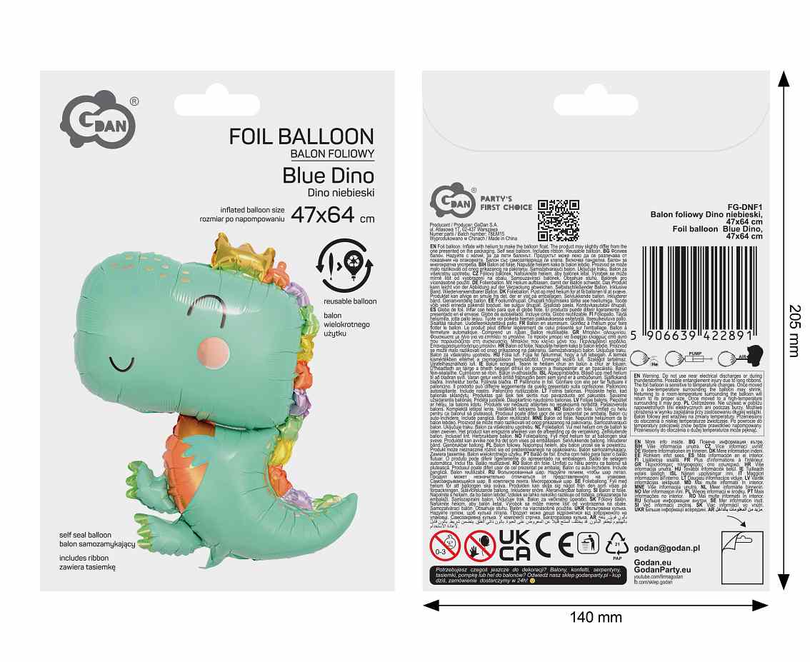 Balon foliowy Dino niebieski, 47x64cm