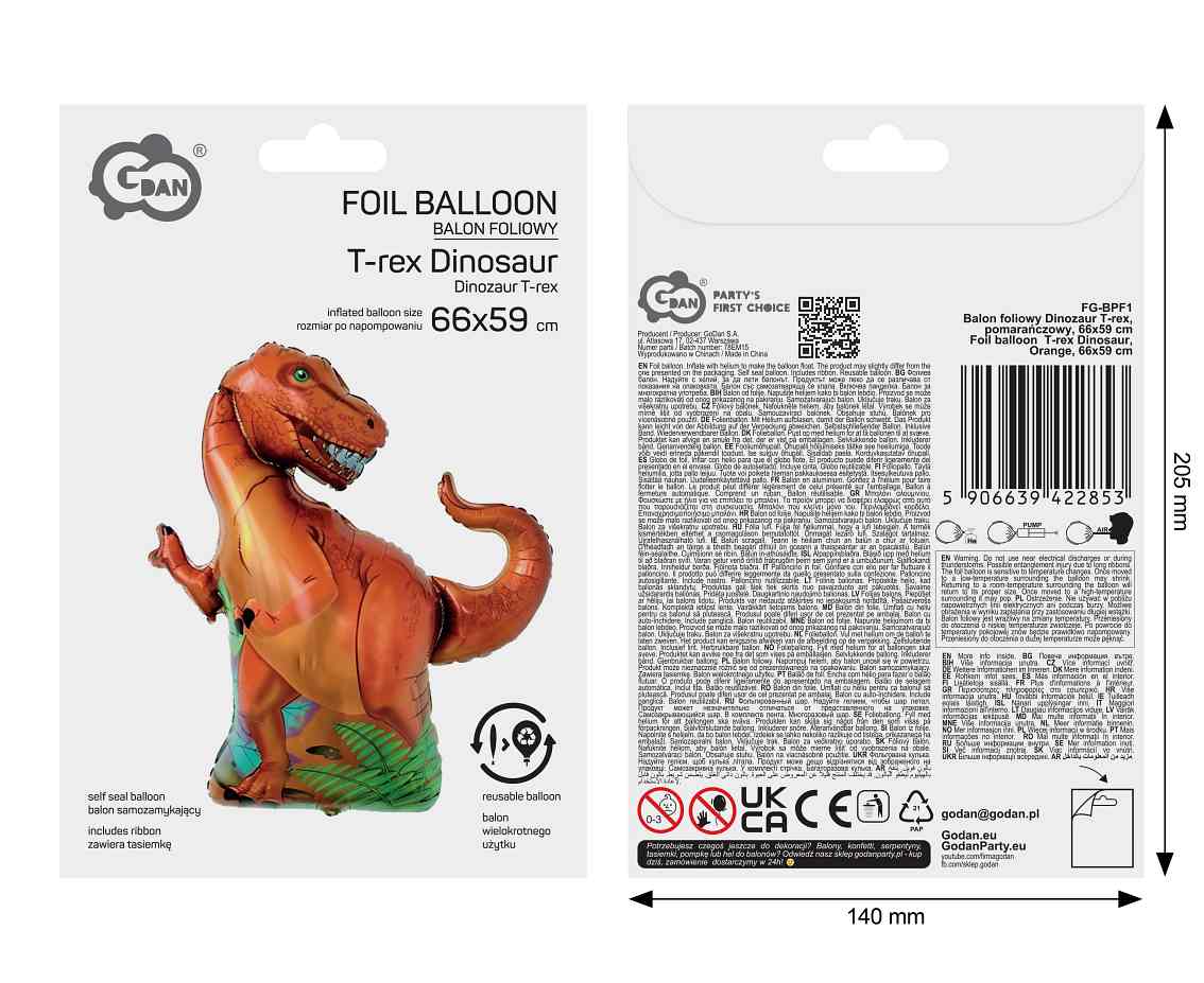Balon foliowy Dinozaur T-rex, pomarańczowy, 66x59cm