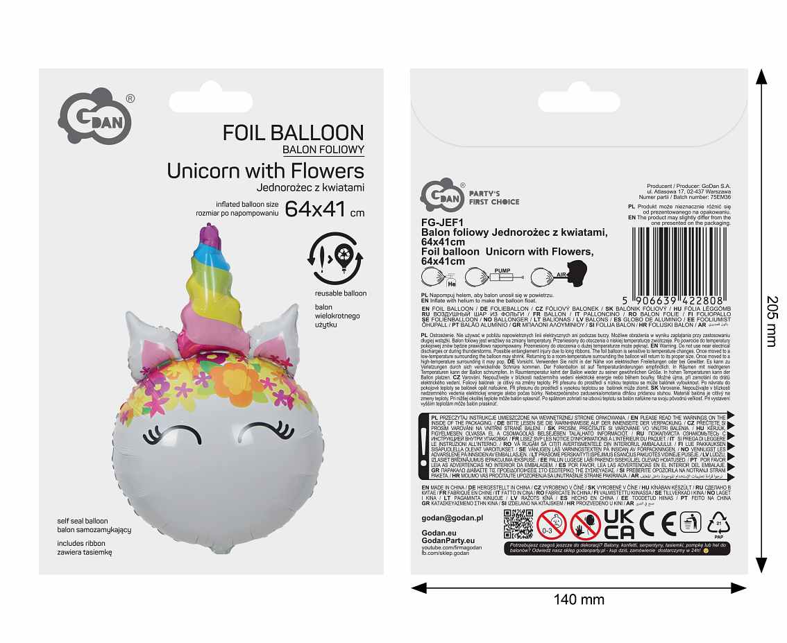 Balon foliowy Jednorożec z kwiatami, 64x41cm
