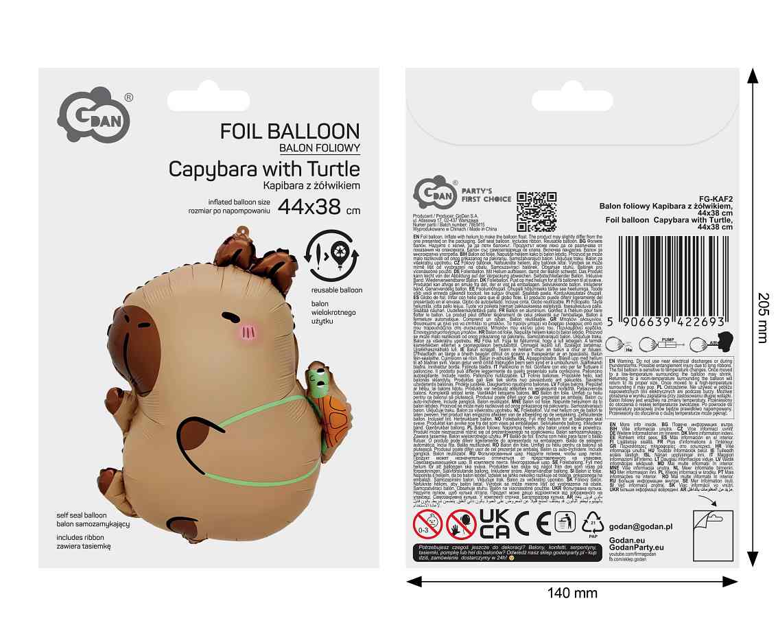 Balon foliowy Kapibara z żółwikiem, 44x38cm