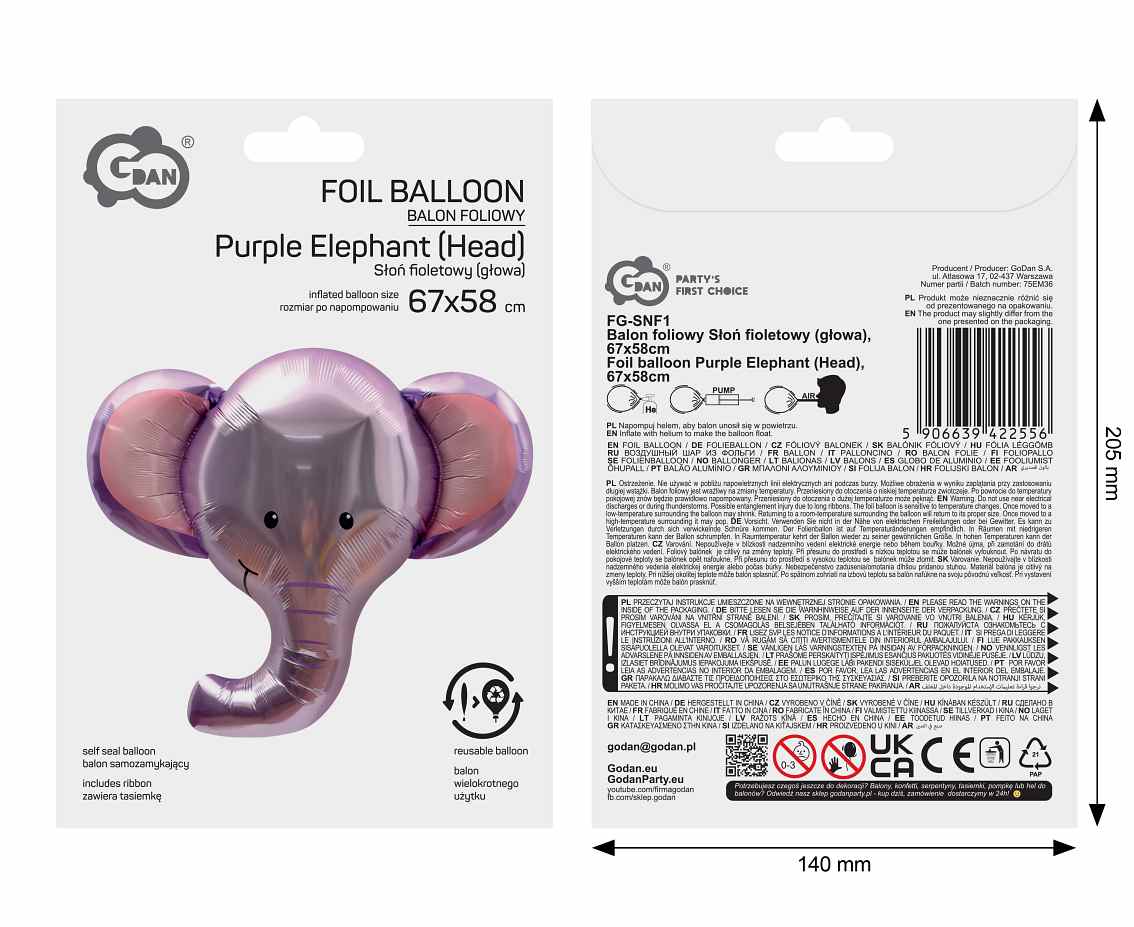 Balon foliowy Słoń fioletowy (głowa), 67x58cm