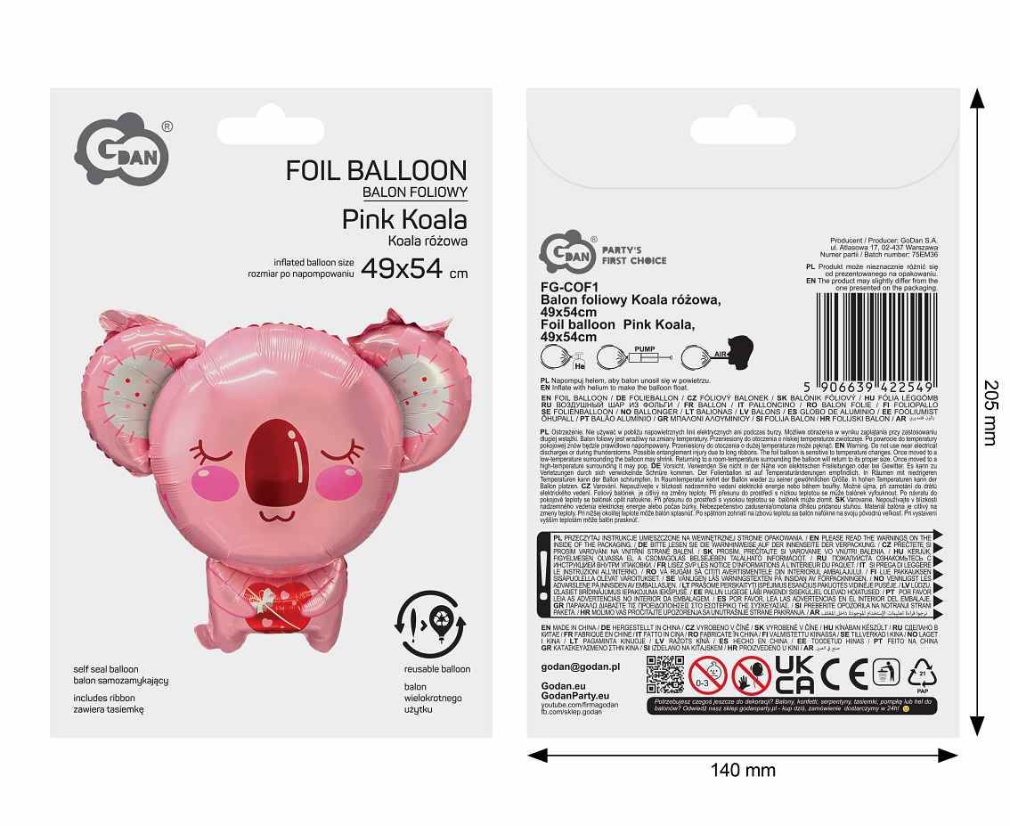Balon foliowy Koala różowa, 49x54cm