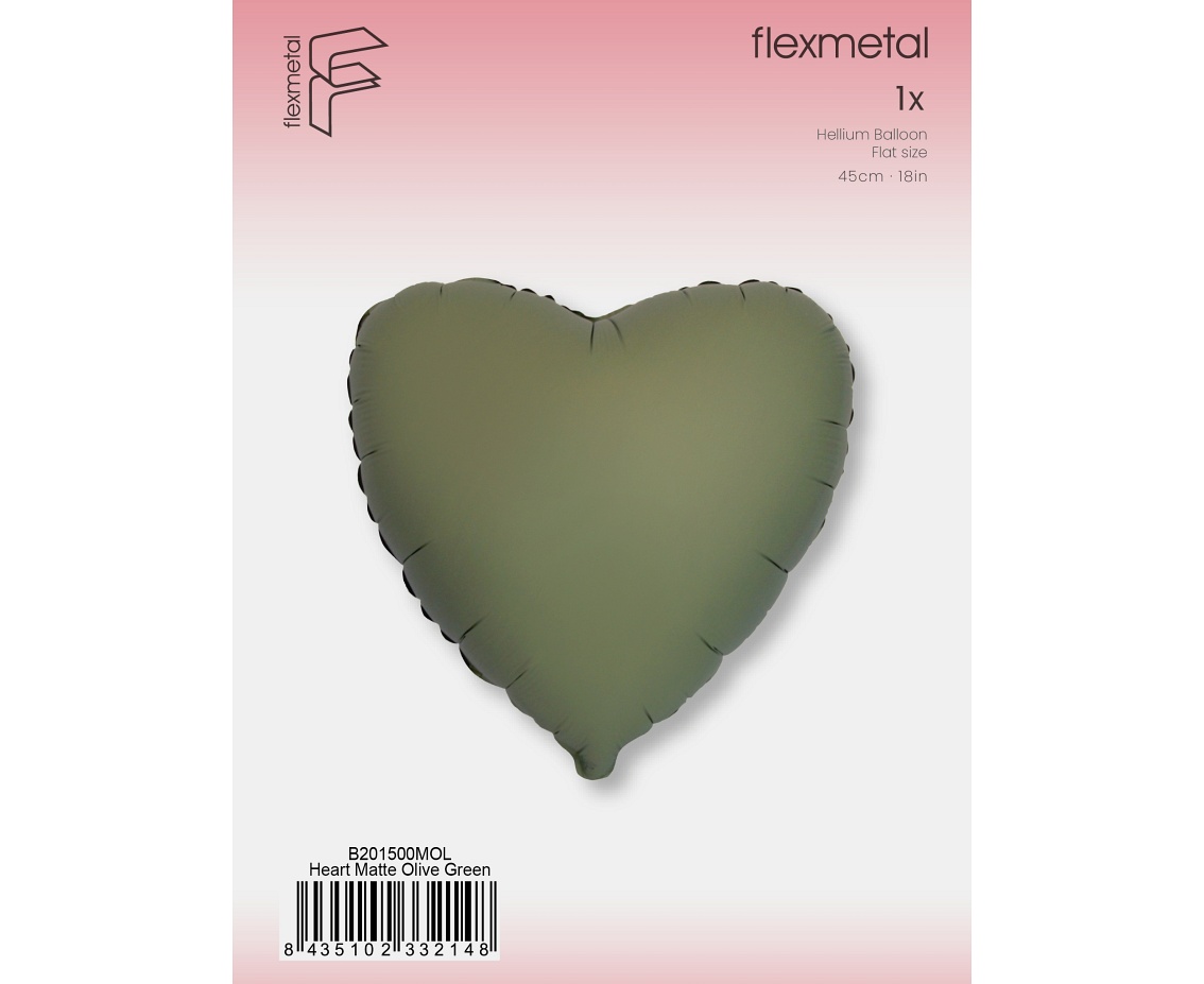 Balon foliowy 18" FX - Serce (matowe Olive Green), pakowany KK