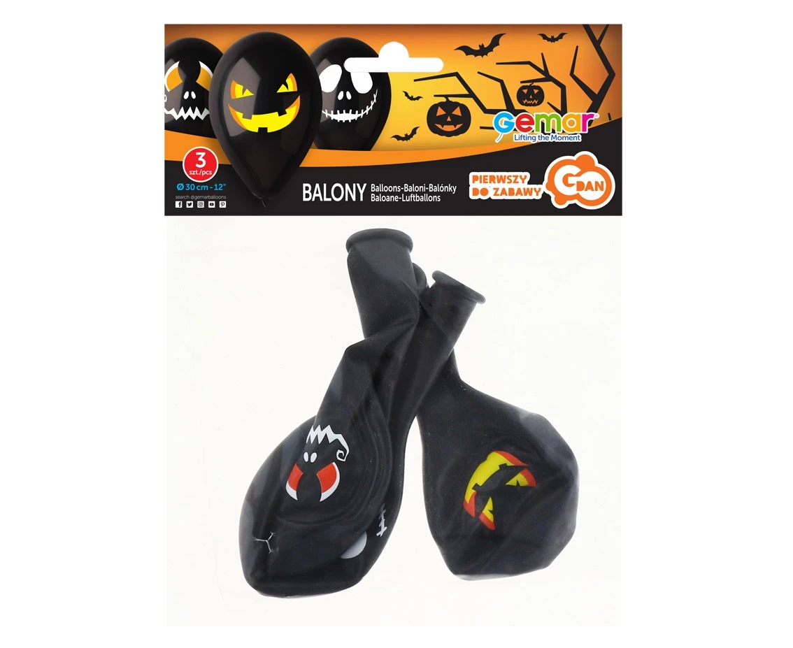 Balony Gemar 12", pastel premium "halloweenowe twarze", 3szt.