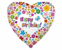 Balon foliowy 18" FX - Happy Birthday (z kwiatuszkami), pakowany