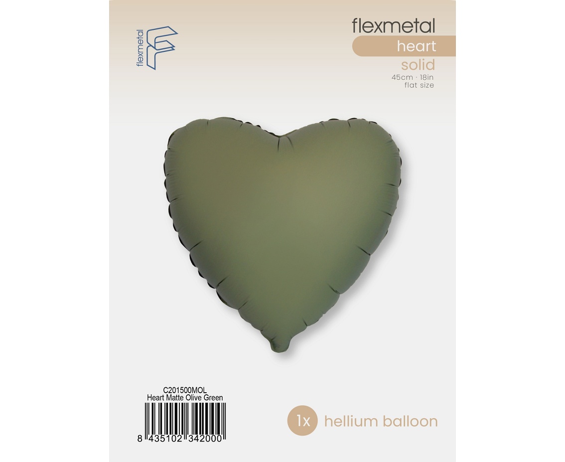Balon foliowy 18" FX - Serce (matowe Olive Green), pakowany