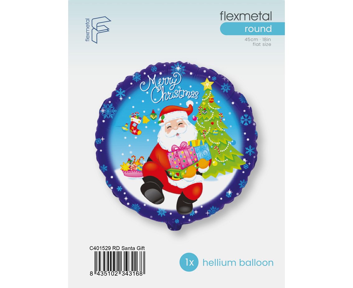Balon foliowy 18" FX - "Merry Christmas - Mikołaj z prezentami" (okrągły), pakowany