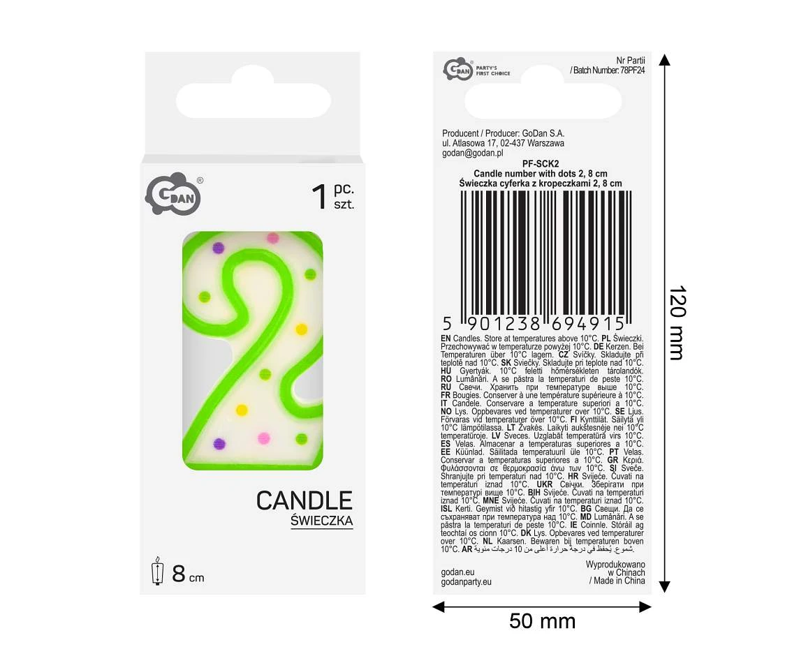 Świeczka cyferka z kropeczkami 2, 7,5 cm