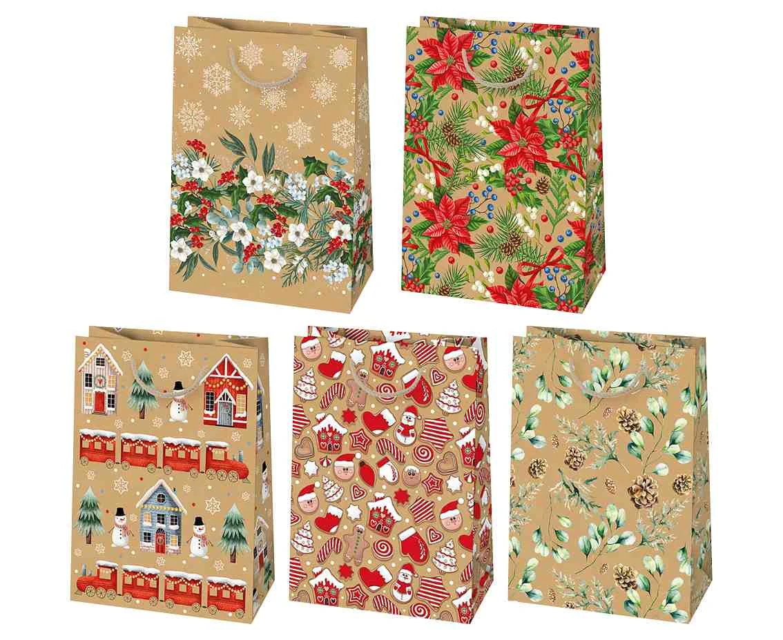 Torebka ozdobna świąteczna typu kraft T9EK 290x400x120 - Dziecięce, Mikołaje, Papier typu kraft, mix, 1 szt.
