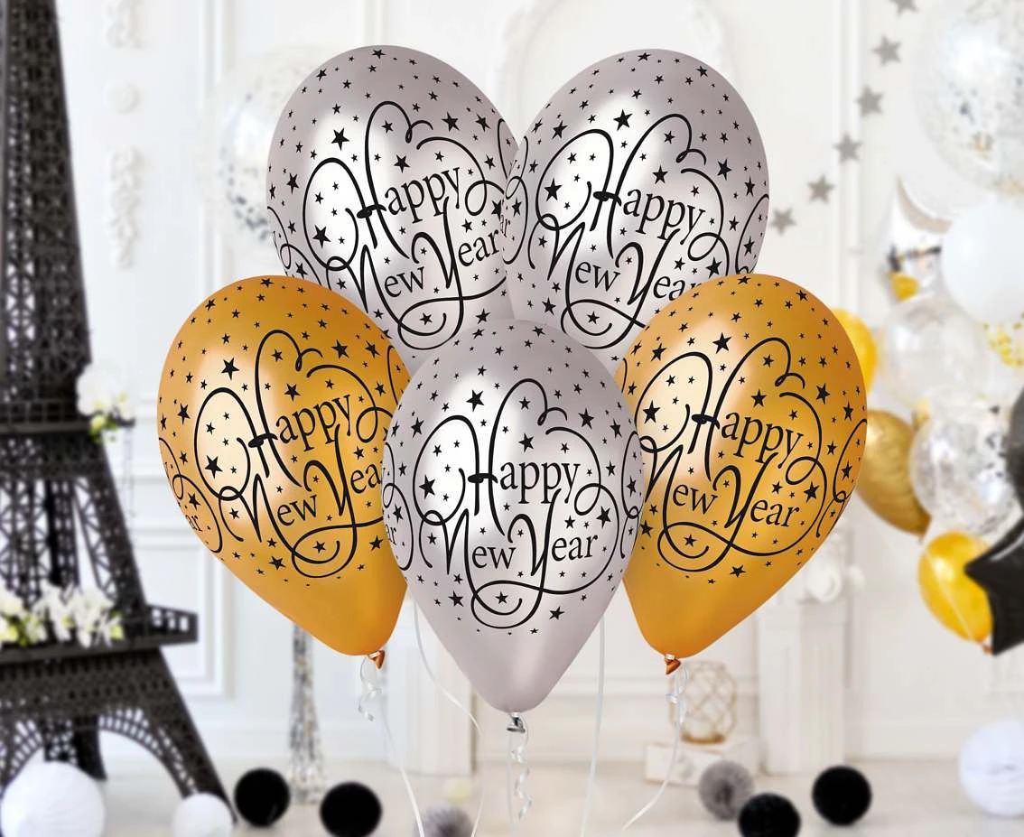 Balony Gemar 12", pastel premium "happy new year", złote i srebrne, 6szt. KK