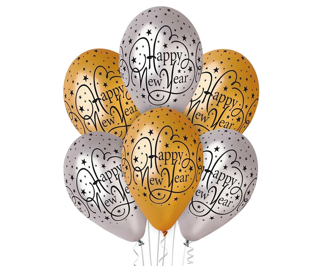 Balony Gemar 12", pastel premium "happy new year", złote i srebrne, 6szt. KK