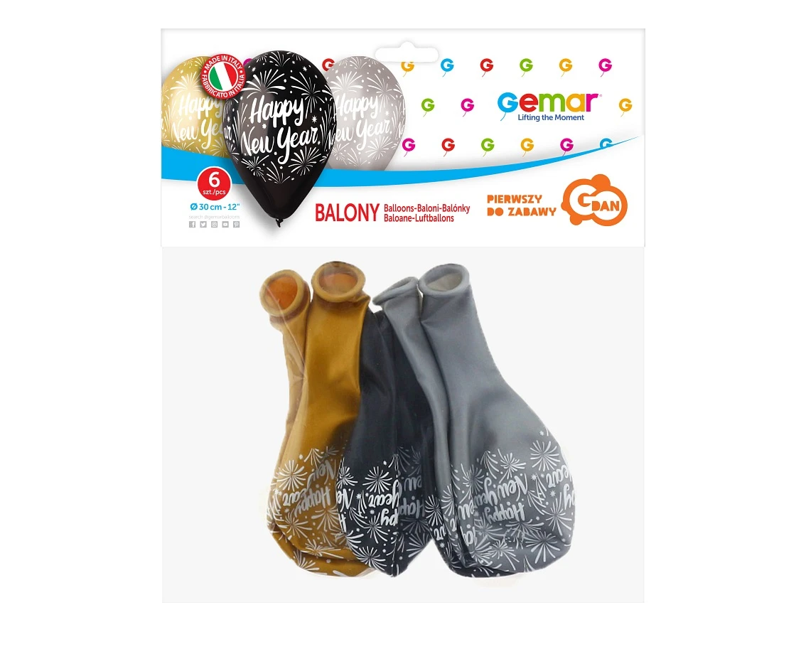 Balony Gemar 12", pastel premium "happy new year", złote, srebrne, czarne, 6szt.