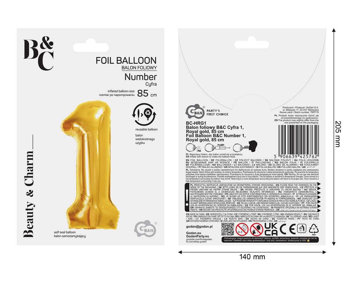 Balon foliowy B&C Cyfra 1, Royal gold, 85 cm