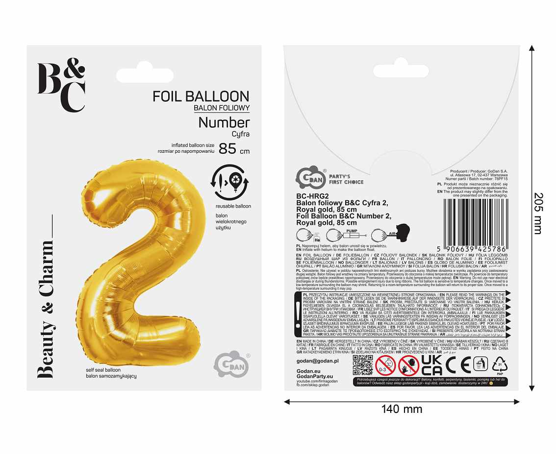 Balon foliowy B&C Cyfra 2, Royal gold, 85 cm
