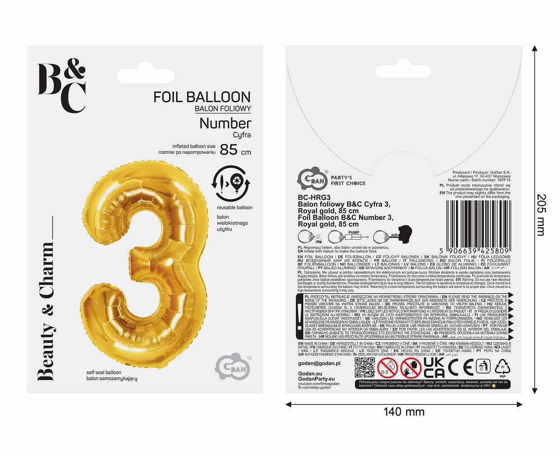 Balon foliowy B&C Cyfra 3, Royal gold, 85 cm