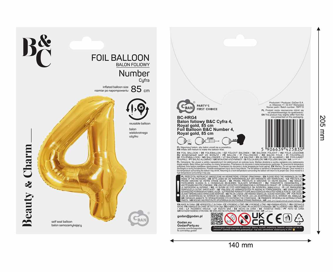 Balon foliowy B&C Cyfra 4, Royal gold, 85 cm