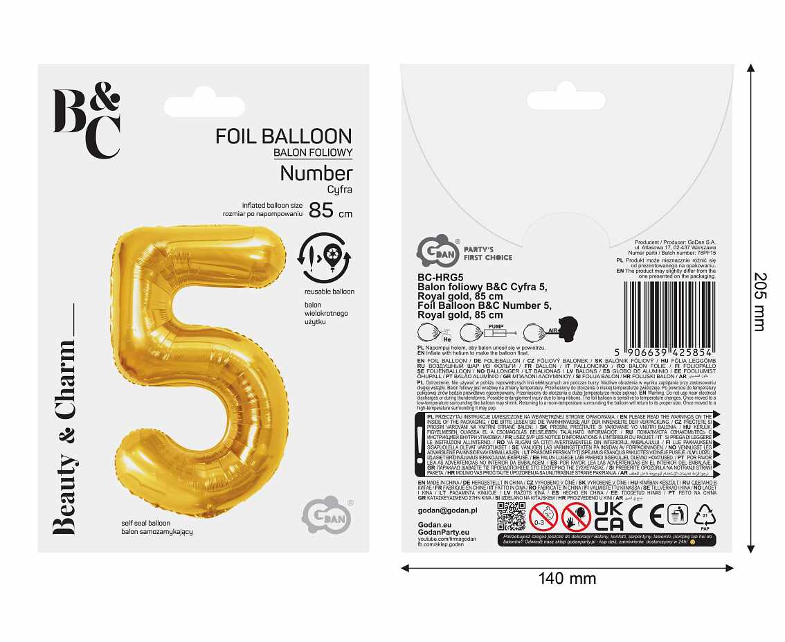 Balon foliowy B&C Cyfra 5, Royal gold, 85 cm