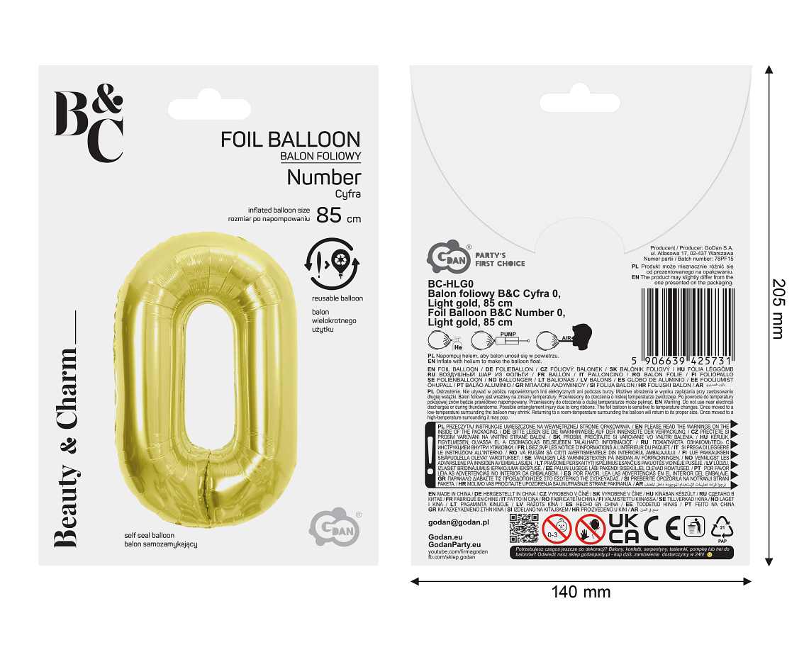 Balon foliowy B&C Cyfra 0, Light gold, 85 cm