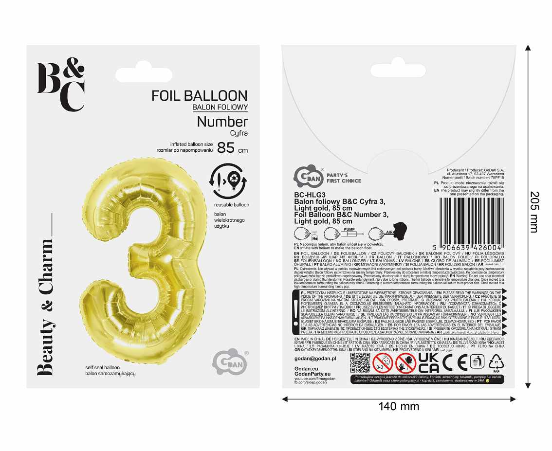 Balon foliowy B&C Cyfra 3, Light gold, 85 cm