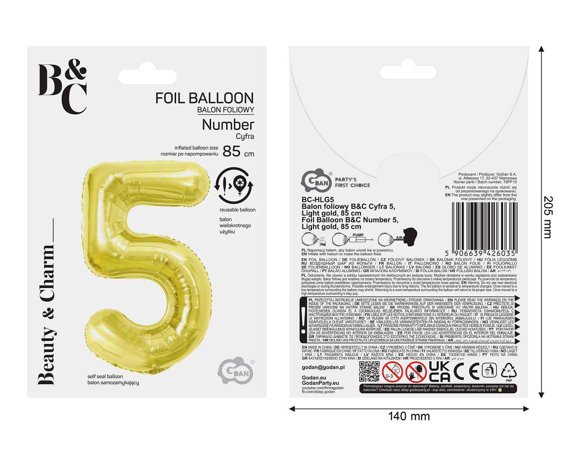 Balon foliowy B&C Cyfra 5, Light gold, 85 cm
