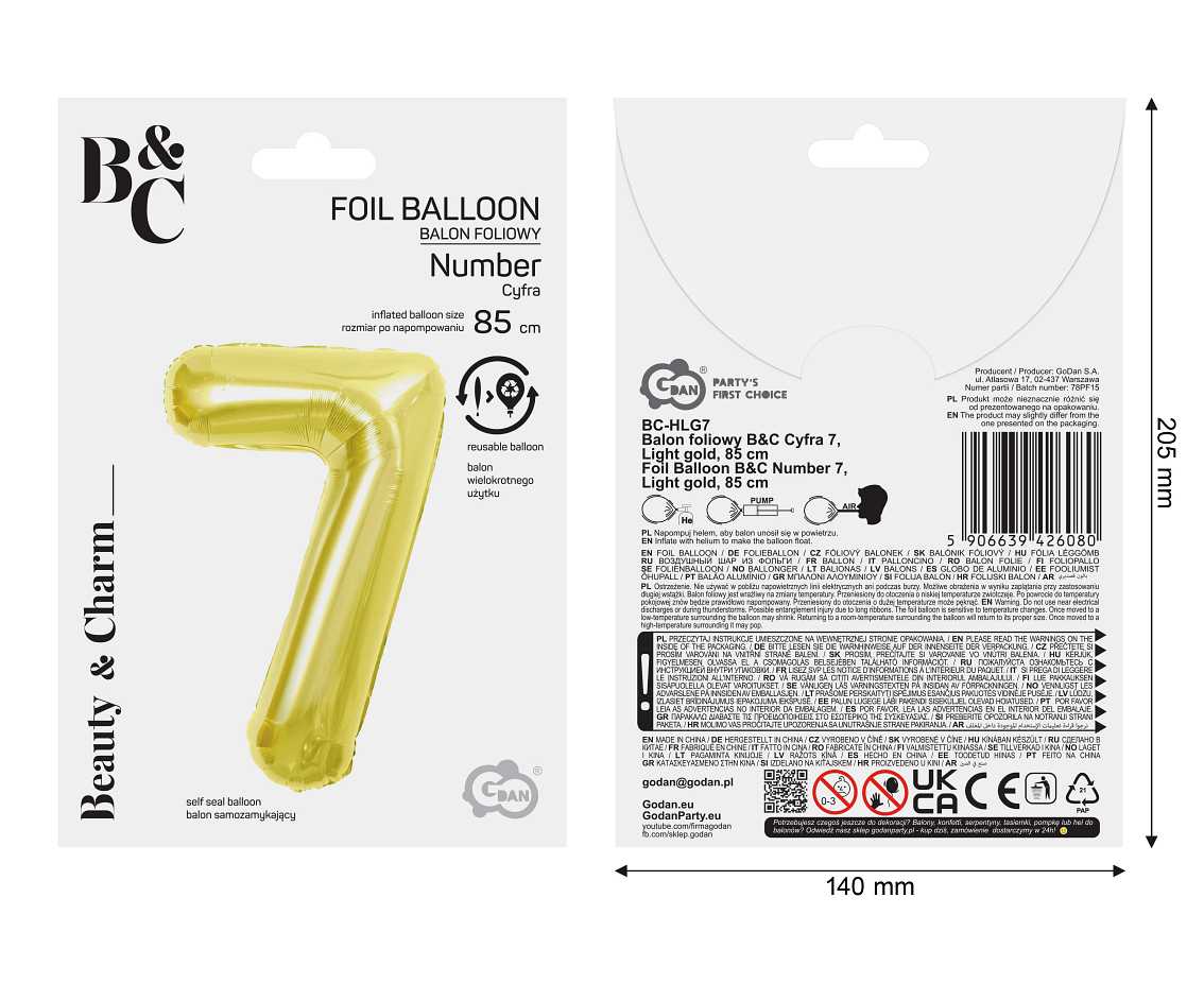 Balon foliowy B&C Cyfra 7, Light gold, 85 cm