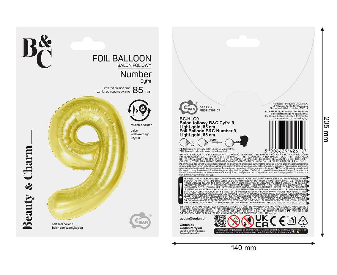 Balon foliowy B&C Cyfra 9, Light gold, 85 cm