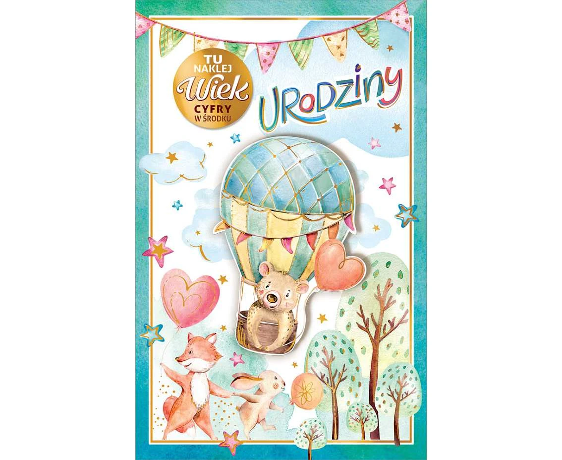Kartka Urodzinowa z Naklejaną Cyfrą, balon lotniczy, 13x20,5 cm