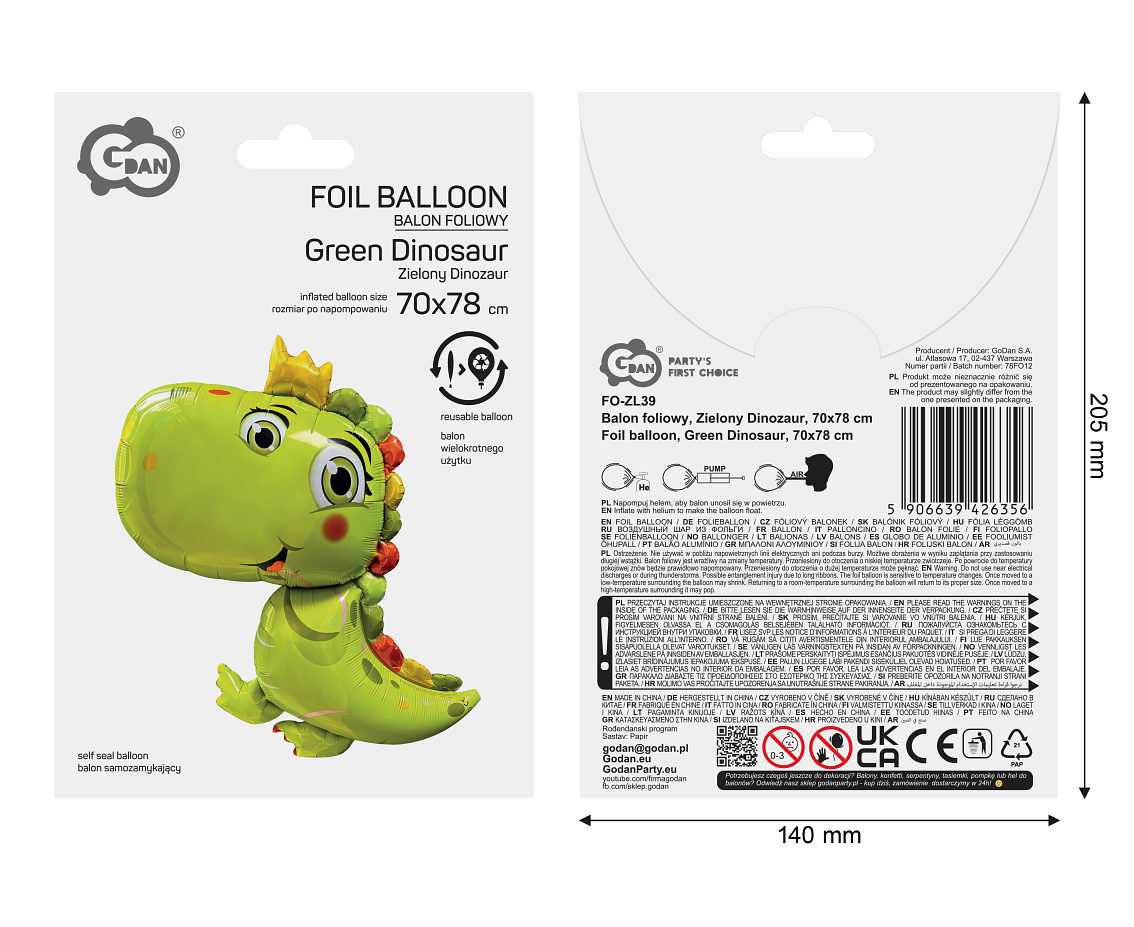 Balon foliowy Zielony Dinozaur, 70x78 cm