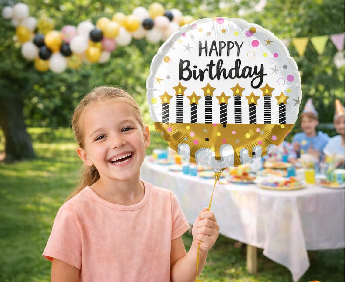 Balon foliowy 18" Happy Birthday, ze świeczkami