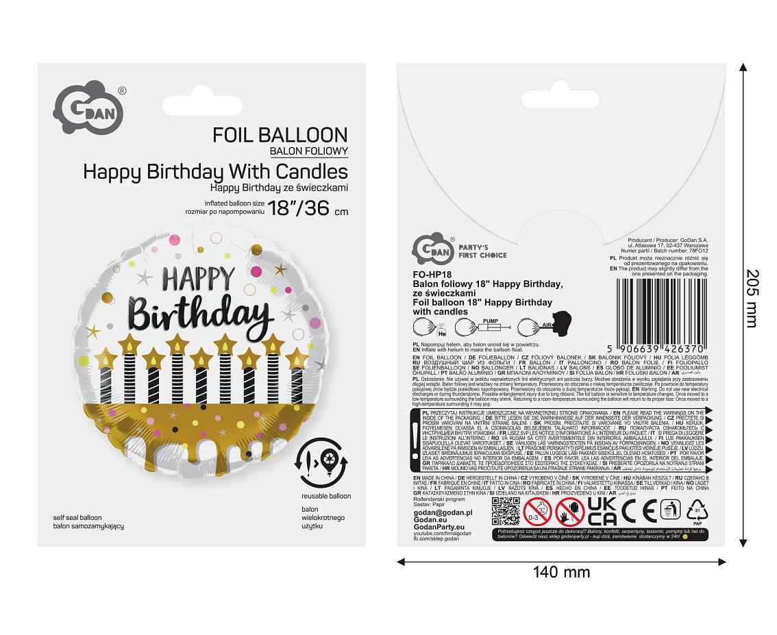 Balon foliowy 18" Happy Birthday, ze świeczkami