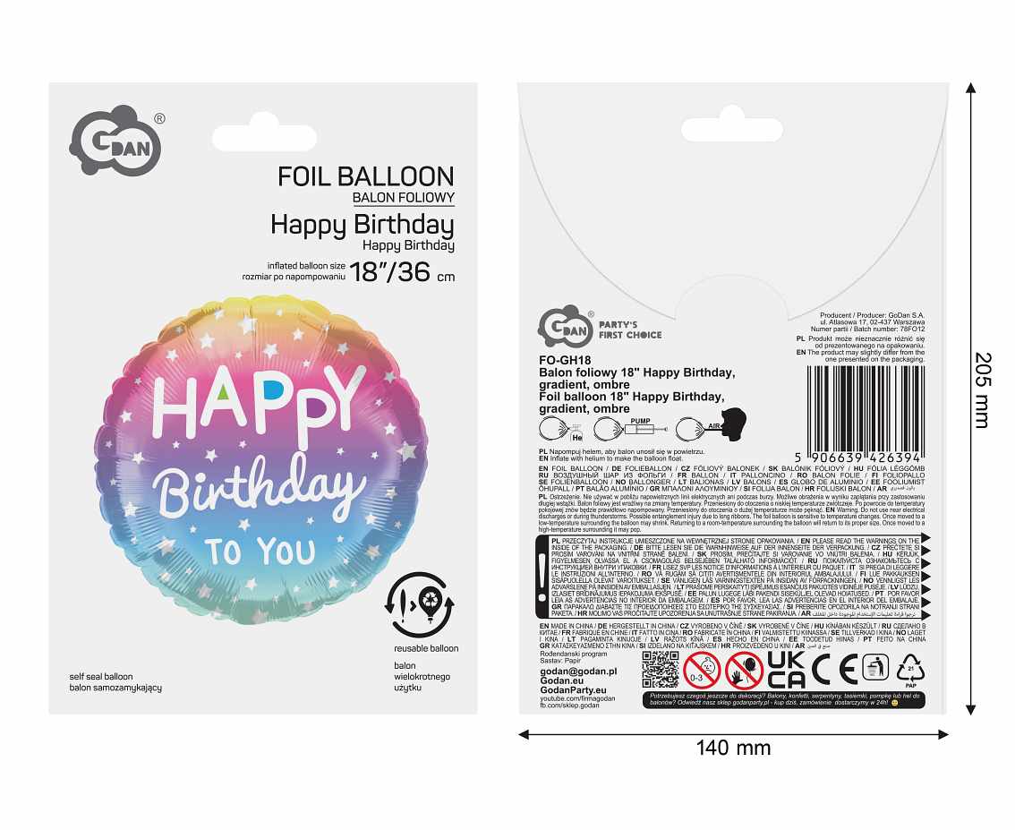 Balon foliowy 18" Happy Birthday, gradient, ombre