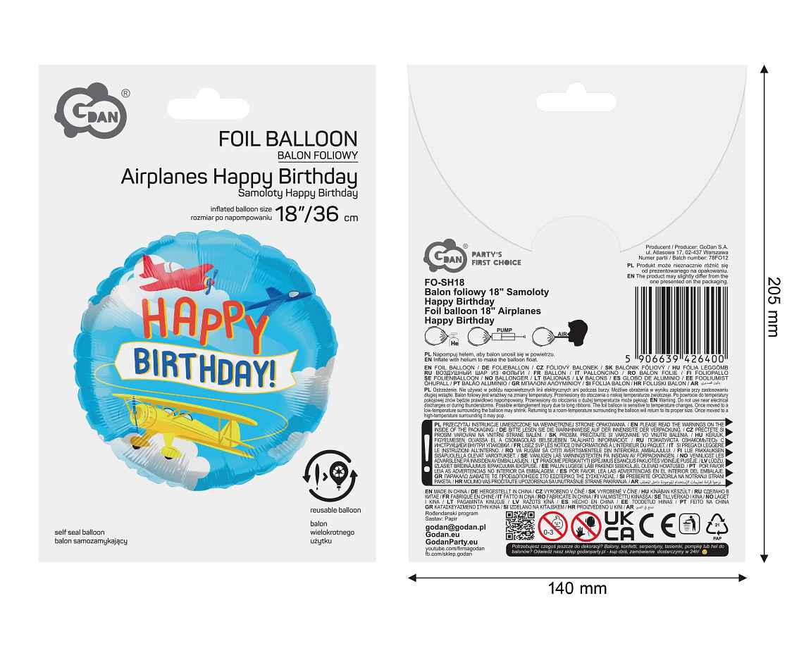 Balon foliowy 18" Samoloty Happy Birthday