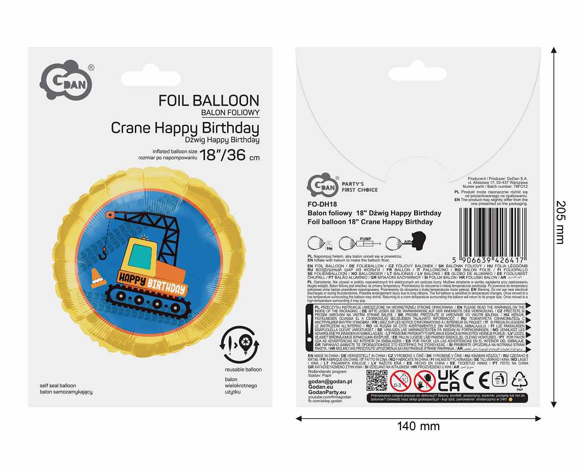 Balon foliowy 18" Dźwig Happy Birthday