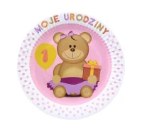 Talerzyki papierowe "Moje 1 Urodziny", różowe, 18 cm / 6 szt. KK