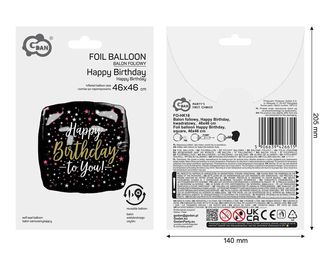 Balon foliowy Happy Birthday, kwadratowy, 46x46 cm