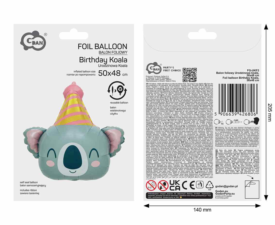 Balon foliowy Urodzinowa koala, 50x48cm