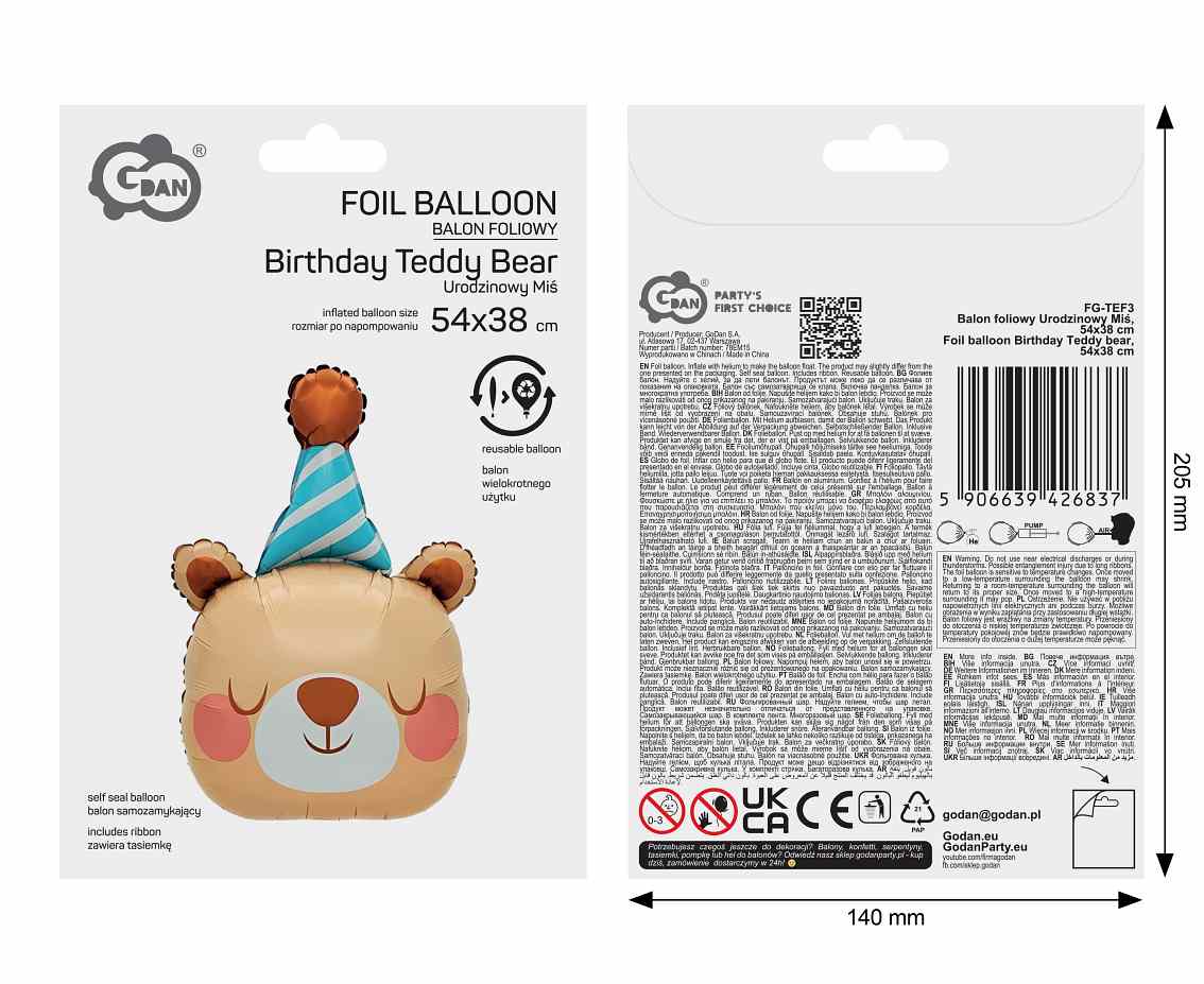 Balon foliowy Urodzinowy Miś, 54x38cm
