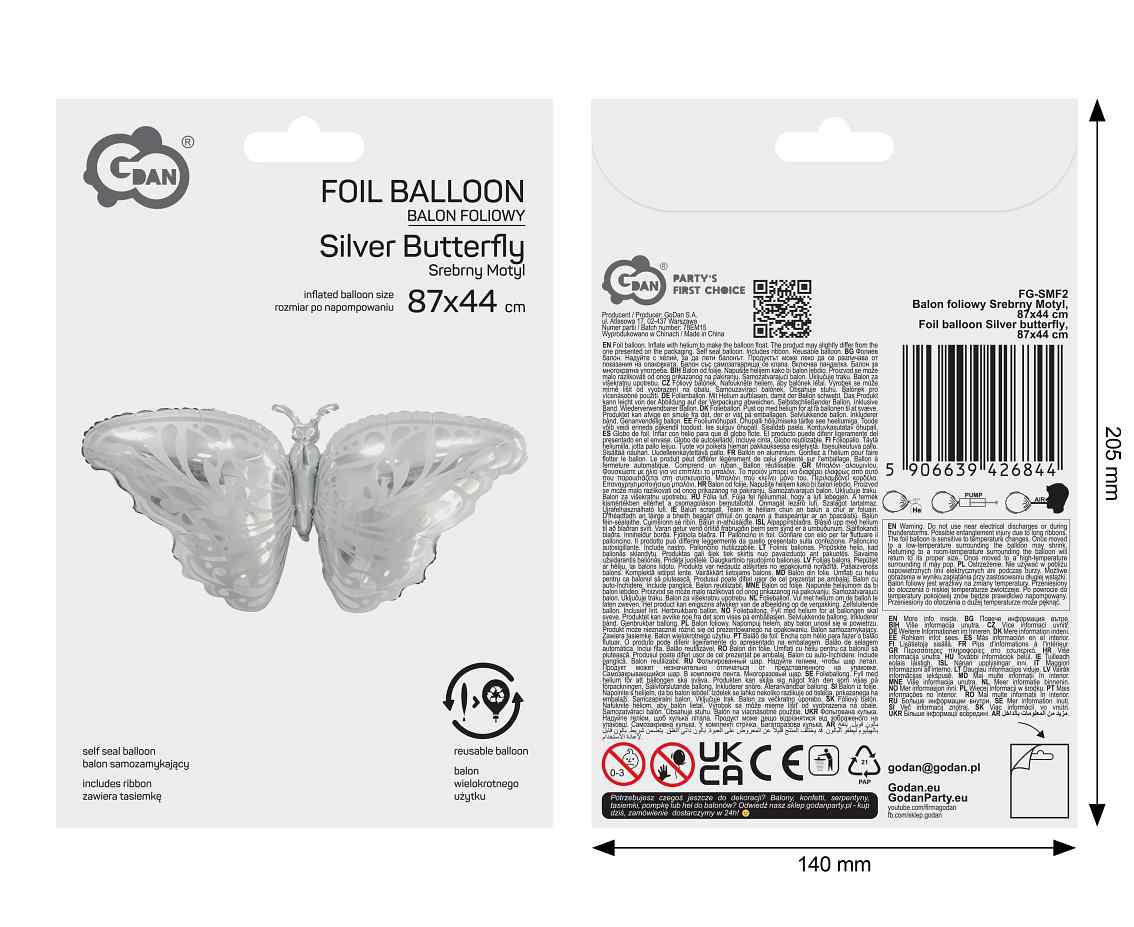 Balon foliowy Srebrny Motyl, 87x44cm