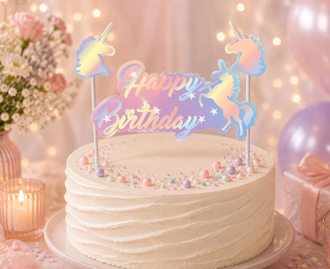 Topper urodzinowy na tort „Happy Birthday”, Jednorożce, holograficzny połysk
