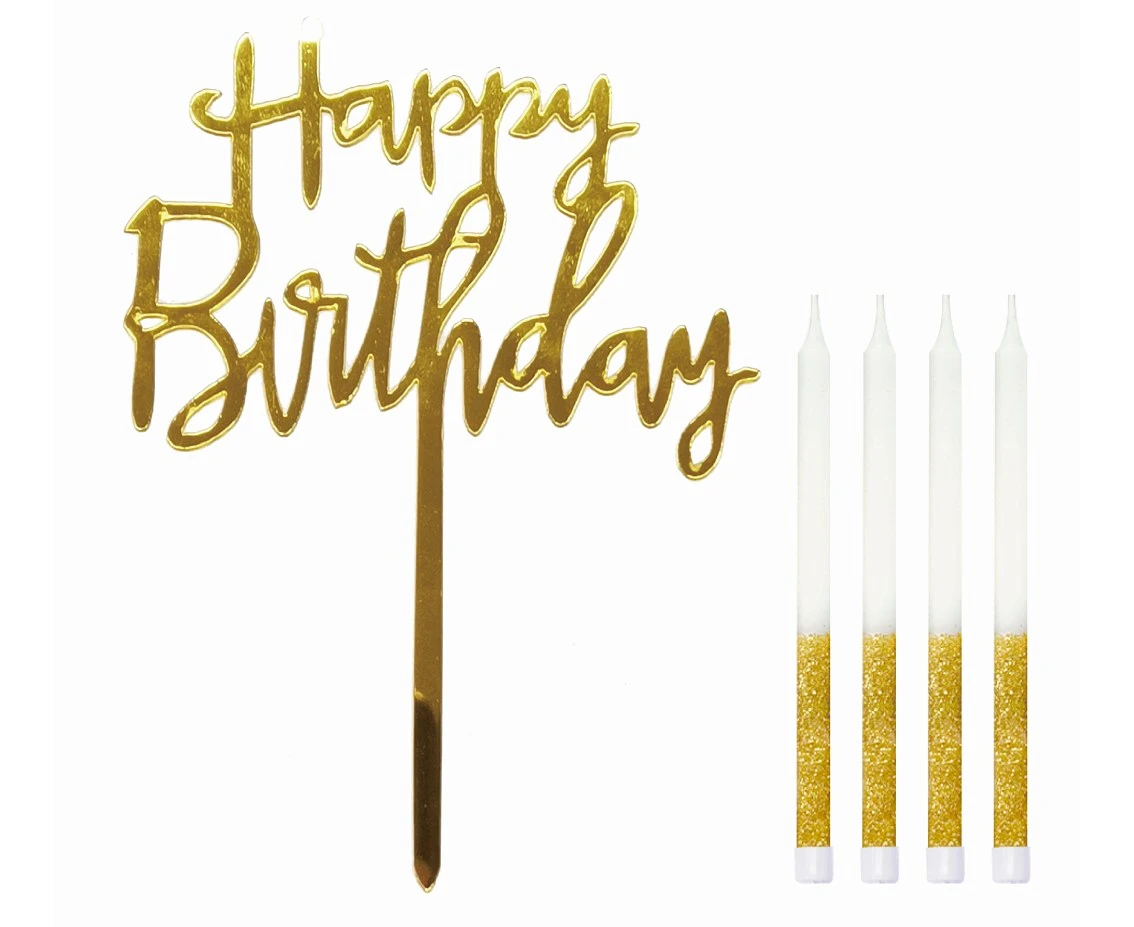 Zestaw dekoracji na tort: złoty topper „Happy Birthday” + 4 świeczki brokatowe