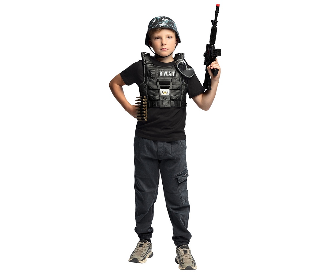 Zestaw dla dzieci 'S.W.A.T' (hełm, kamizelka, okulary ochronne, pas na kule, karabin)